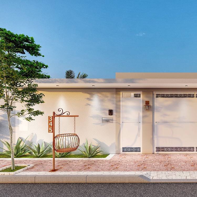 Projeto 3D de muro com portão, jardim pequeno, árvore e lixeira rosé gold com número 345