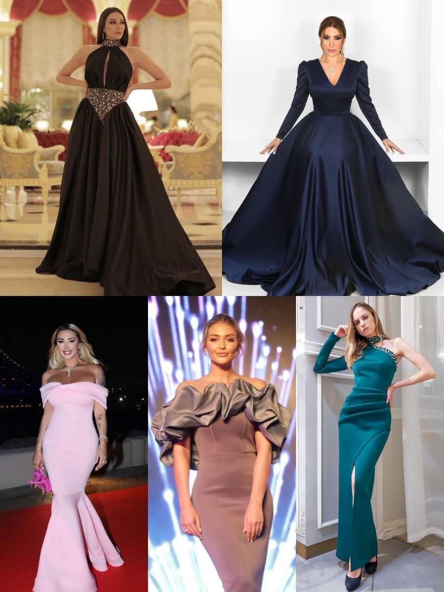 Montagem com 5 modelos famosas usando vestidos da grife AAVVA.