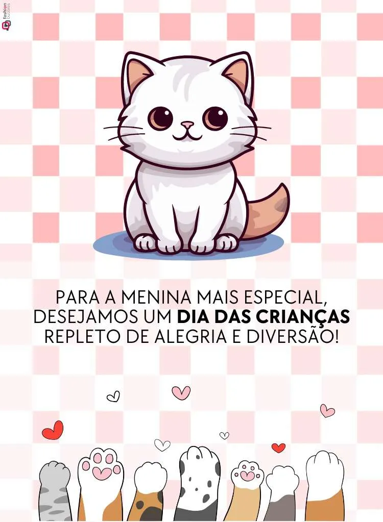 Parte de dentro do cartão de Dia das Crianças para meninas, com gato, patinhas e frase