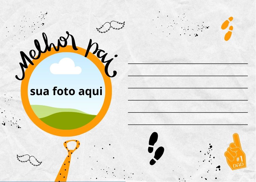 cartão para dia dos pais com fundo branco, desenho de bigode, gravata e pegadas, além de frase "feliz dia dos pais" e linhas para escrever uma mensagem, além de espaço redondo para foto 