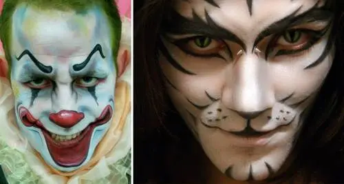 Montagem com duas fotos: pessoa com maquiagem de palhaço e pessoa com maquiagem de tigre