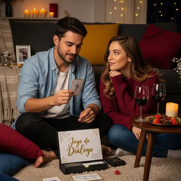 Um casal sorridente sentado no chão, jogando "Jogo do Diálogo". O homem segura uma carta de interrogação, enquanto a mulher olha para ele, pensativa. Há taças de vinho e morangos com chocolate numa mesa lateral, com velas e decorações aconchegantes ao fundo.
