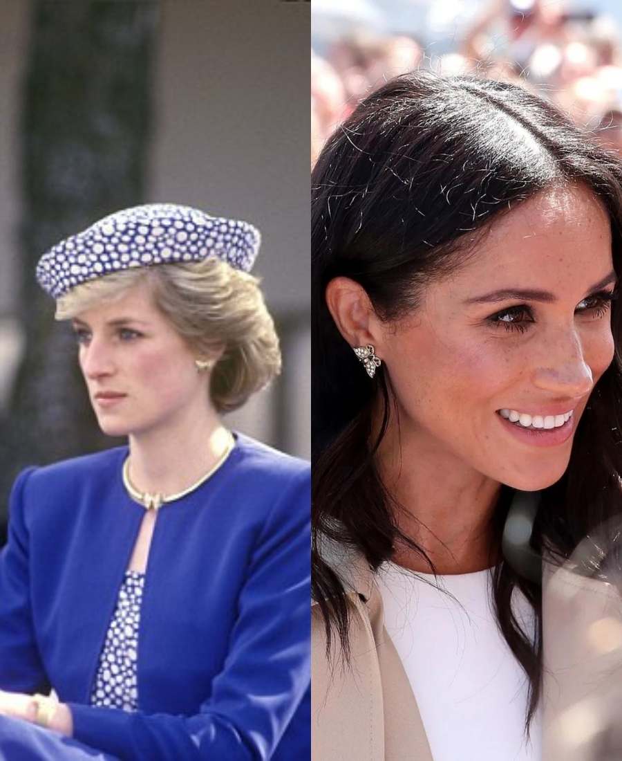 Montagem com duas fotos. Na 1ª, lady Di sentada usando roupa azul e brincos e colar de borboleta. Na 2ª imagem, Meghan Markle de frente usando brinco de borboleta herdado pela princesa de Gales. Ela está sorridente em um local público.