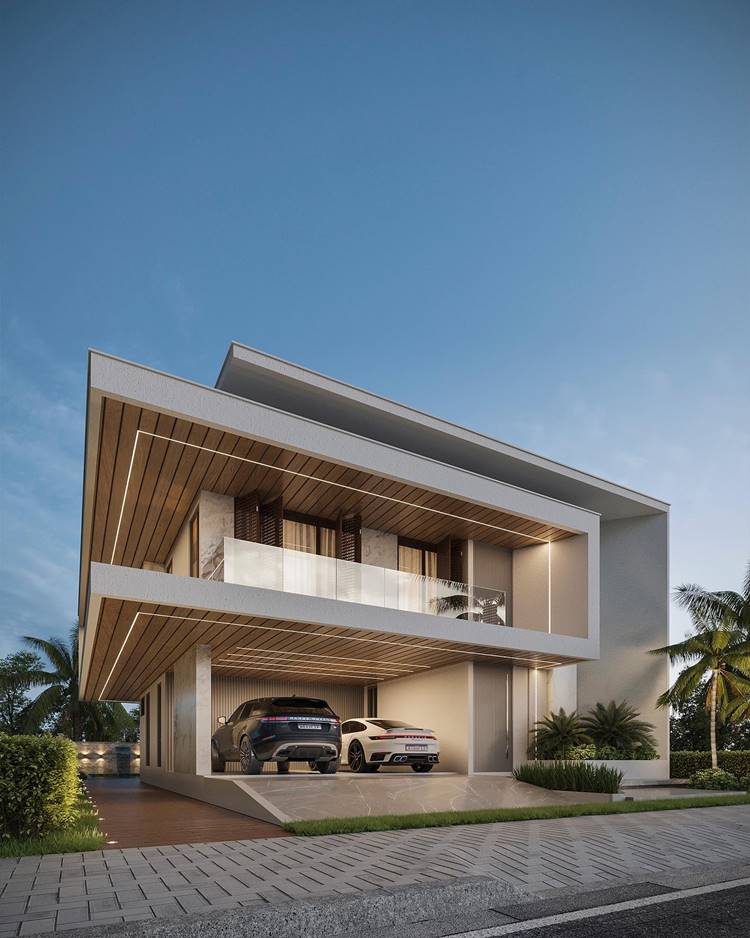 Fachada de casa moderna, com linhas retas e limpas, e é composta por dois andares. O piso inferior é predominantemente um espaço aberto que serve como garagem para dois carros. O piso superior tem paredes brancas e apresenta uma varanda ampla. Há detalhes em madeira incorporados ao design, tanto no teto quanto nas paredes do segundo andar. Dois carros estão estacionados sob a estrutura do primeiro andar. A entrada da casa é adornada com plantas e arbustos bem cuidados