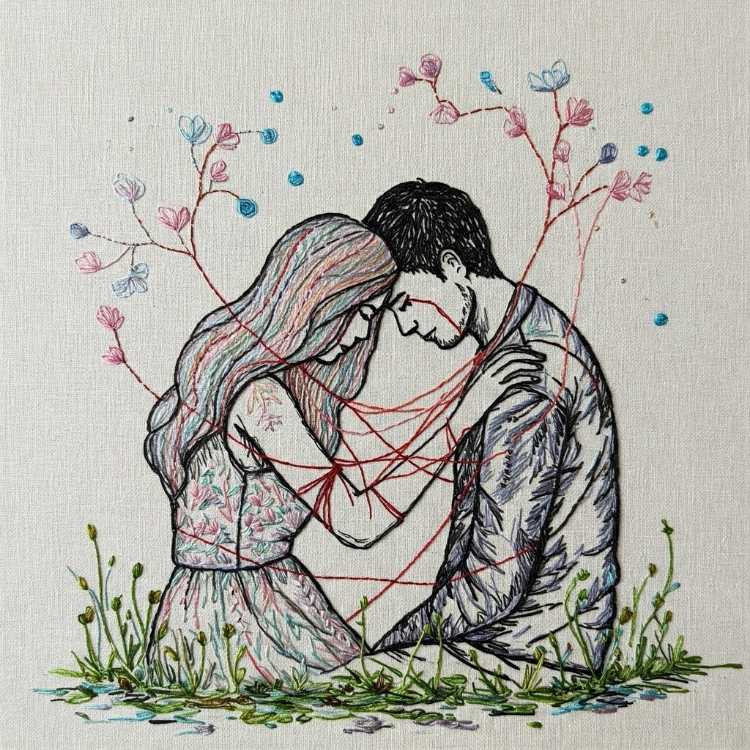 Bordado colorido em fundo bege retrata um casal sentado, com as testas encostadas, conectados por fios vermelhos. Flores e plantas brotam ao redor, simbolizando ligação, vulnerabilidade e crescimento. Atmosfera delicada com linhas fluídas entrelaçando amor e cura emocional.





