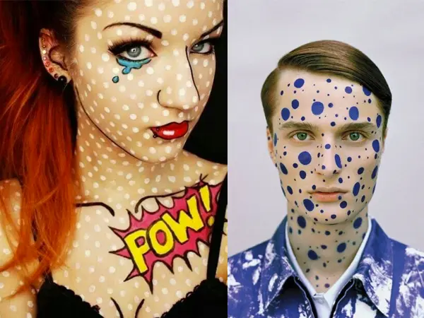 Montagem com foto de mulher de pele clara e homem de pele clara com maquiagem pop art
