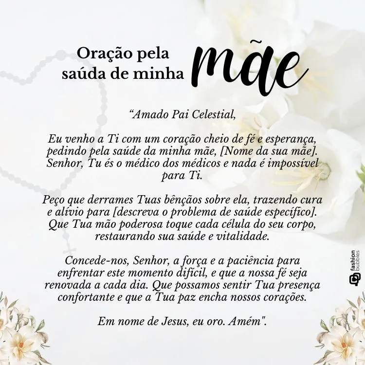 A imagem apresenta uma oração intitulada “Oração da mãe”, pedindo saúde e bênçãos para a mãe. Fundo floral suave.
