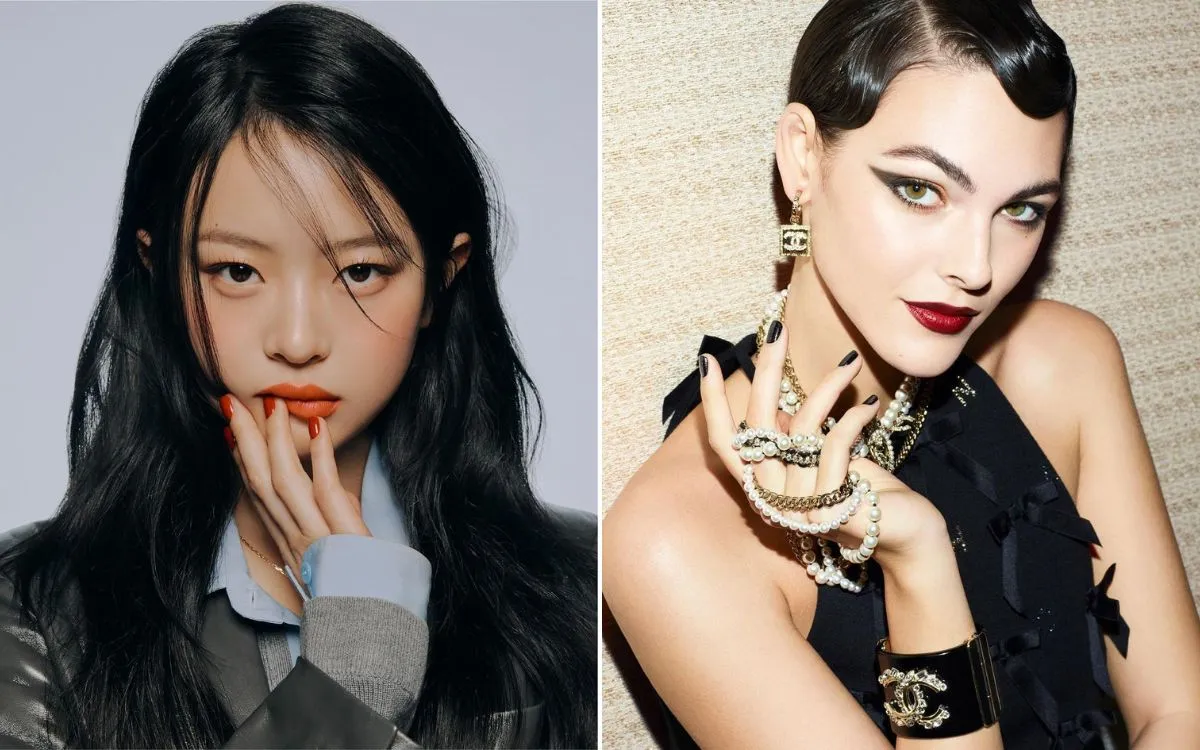 Montagem com duas fotos de mulheres com unhas elegantes: à esquerda, mulher asiática com unhas vermelhas; à direita, mulher branca com unhas pretas