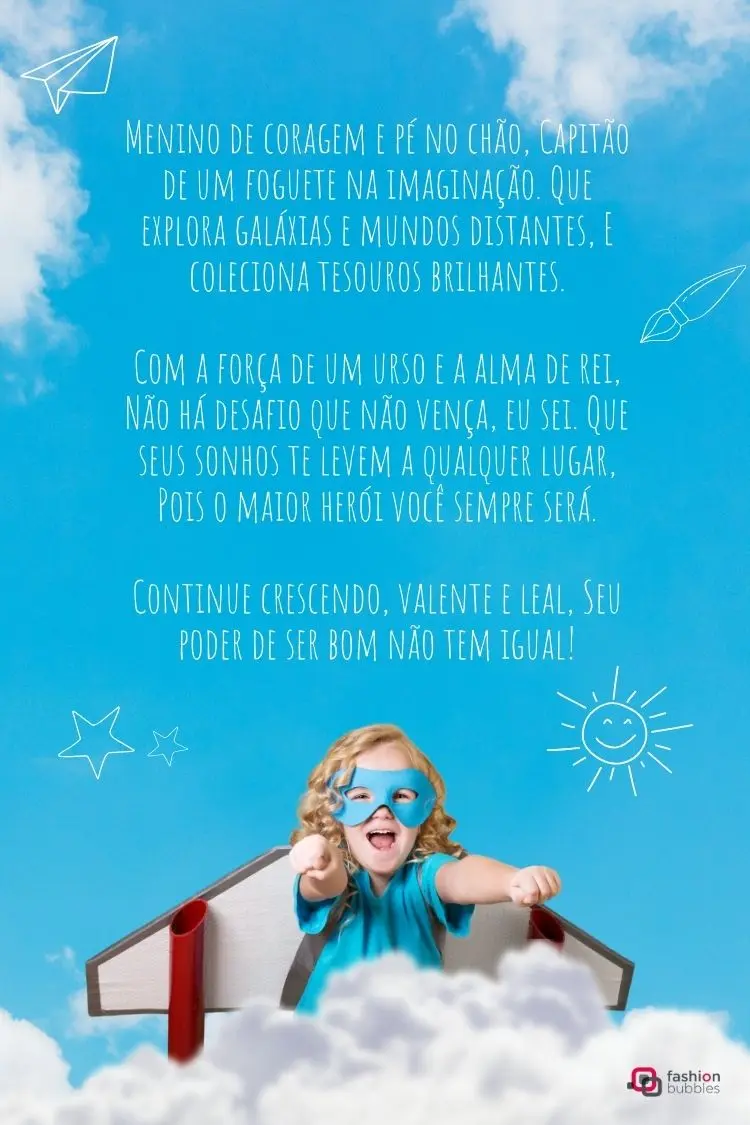 A imagem mostra um cartão do Dia das Crianças com a foto de uma criança vestida de herói, segurando as alças de uma caixa de papelão que simula um avião. Sobre a foto, há um texto de celebração e incentivo para as crianças.