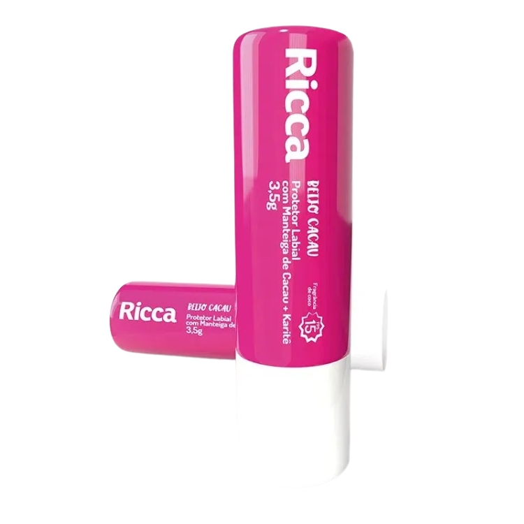 Embalagem rosa do protetor labial Beijo Cacau da Ricca