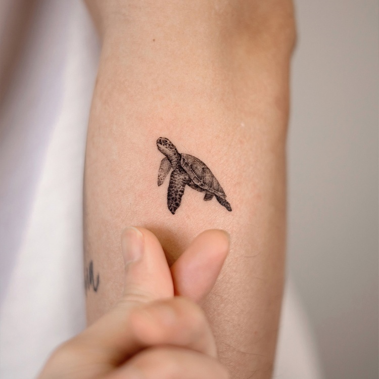 Tatuagem sombreada pequena de tartaruga no braço