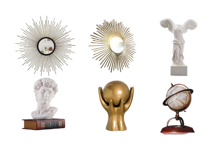Dois espelhos redondos com raios solares, Estátua Grega Da Deusa Da Vitória Alada, estátua grega de Davi, mãos douradas segurando uma esfera e globo terrestre.