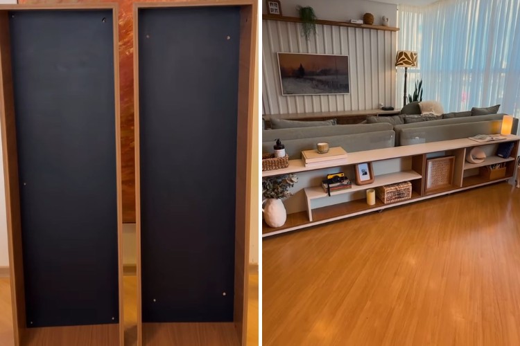 Montagem de antes e depois de dois nichos de madeira com fundo preto que viraram aparador atrás de sofá 