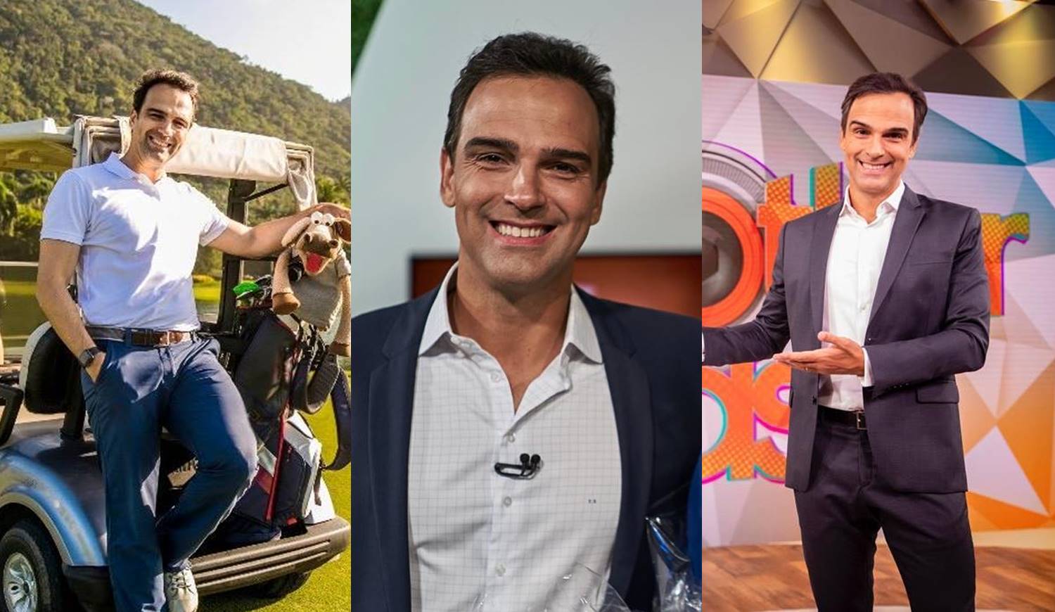 Montagem com 3 fotos de Tadeu: uma de camisa branca e calça azul em carrinho de golfe ao lado de cavalinho; a do meio de terno e camisa branca quadriculada e a terceira de terno e camisa branca com logo do BBB ao fundo