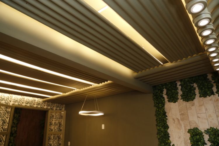 Ambiente de parede marrom com jardim vertical e telhas de fibrocimento no teto, ideia de decoração barata