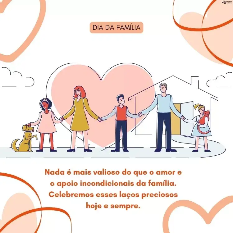 Cartão virtual de fundo branco com corações, desenho de família com dois adultos e três crianças, além de cachorro e frase "Nada é mais valioso do que o amor e o apoio incondicionais da família. Celebremos esses laços preciosos hoje e sempre."