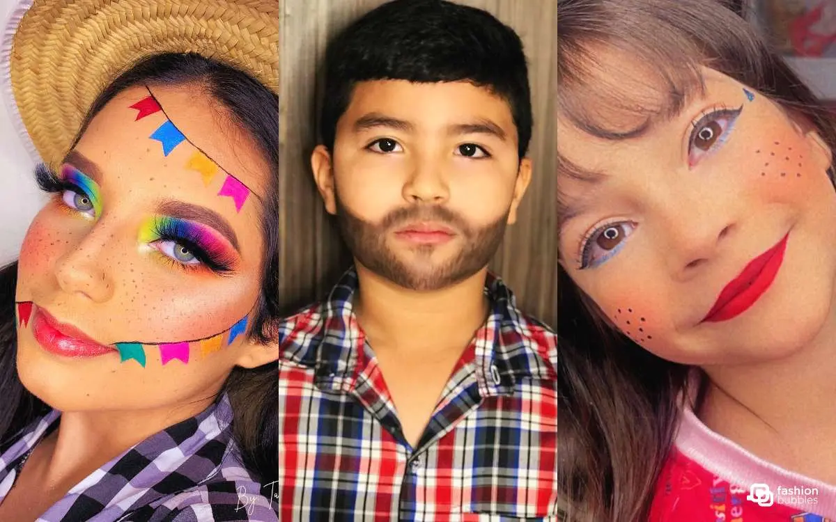 Montagem com 3 ideias de make junina, para mulher, menino e menina