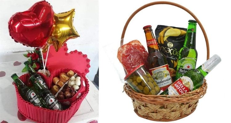 Montagem com duas cestas: uma em formato de coração com petiscos, cerveja, flores, coração e estrela; outra com cervejas e frios