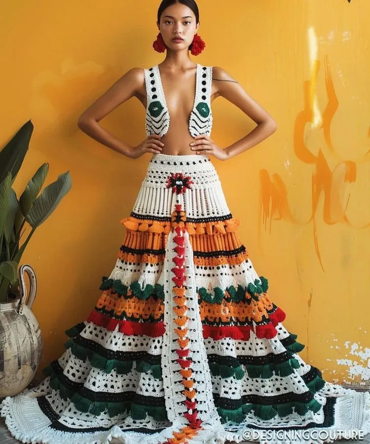 Uma modelo com cabelo longo e ondulado posa com um top de crochê branco com decote em V profundo, amarrado na frente. O top tem mangas largas e folhosas adornadas com franjas amarelas, detalhes em preto e branco. A modelo usa brincos de tassel amarelos em frente a uma parede rosa. Fontes