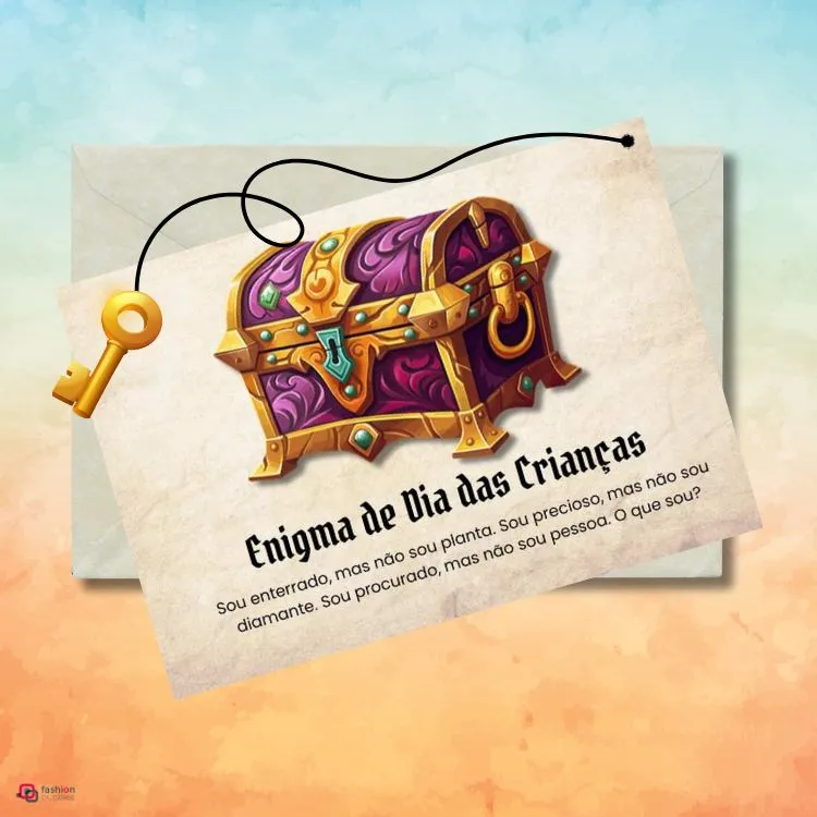 Cartão enigma de Dia das Crianças sob envelope em fundo amarelo e azul