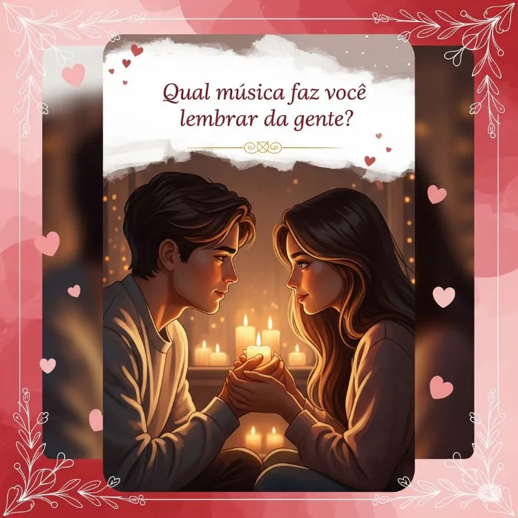 Um cartão com a pergunta "Qual música faz você lembrar da gente?". O design apresenta um casal segurando velas e se olhando intensamente, com corações e elementos florais adornando as bordas, transmitindo afeto e intimidade.