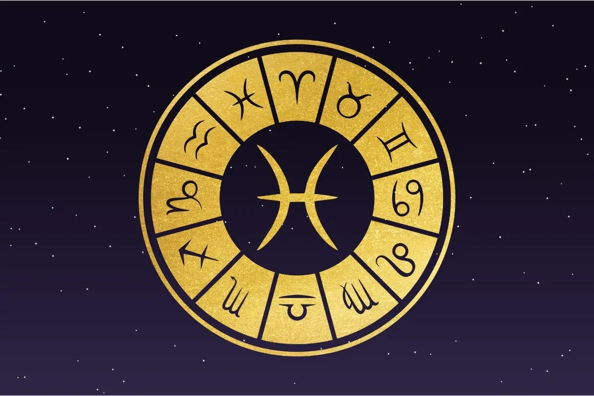 Fundo de céu estrelado com símbolo do signo de Peixes, horóscopo do dia de hoje