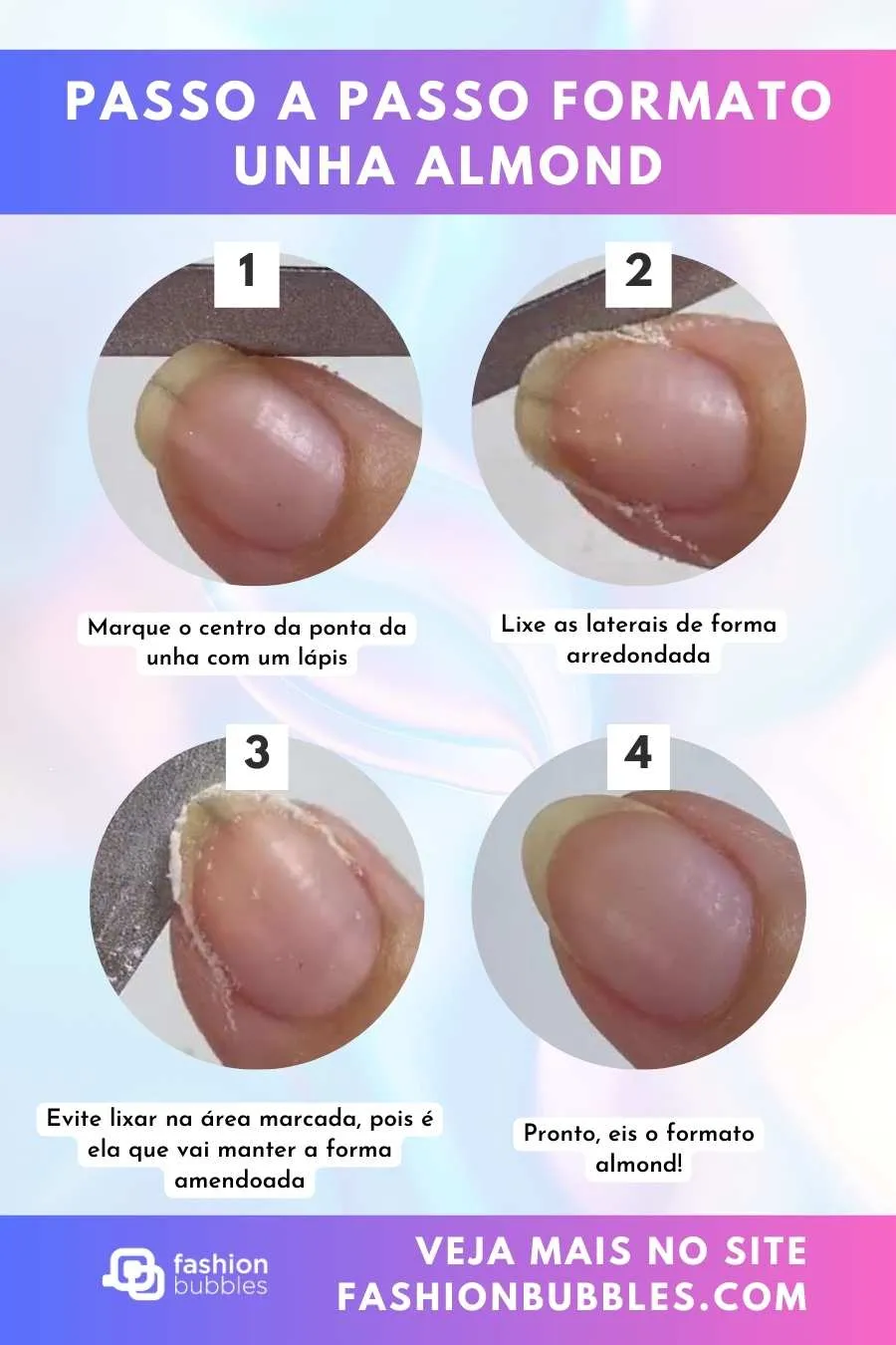 Montagem com 4 passos de como fazer formato de unha almond