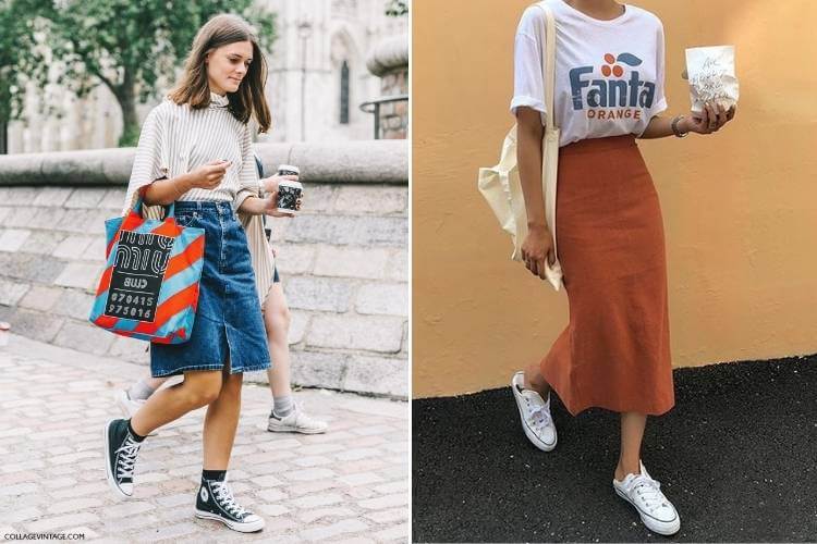 looks com ecobag, tênis e saia, uma jeans e a outra marrom looks com ecobag, tênis e saia