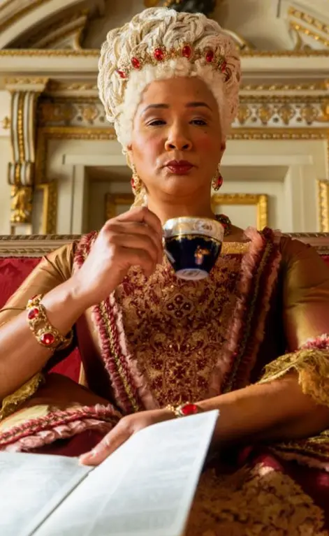 Rainha Charlote tomando chá e lendo fofoca na 1ª temporada de Bridgerton