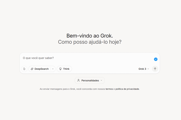 Página inicial do Grok com fundo branco, título "Bem-vindo ao Grok. Como posso ajudá-lo hoje?" e barra de pesquisa destacada, com opções como "DeepSearch" e "Personalidades".




Página inicial do Grok com fundo branco, título "Bem-vindo ao Grok. Como posso ajudá-lo hoje?" e barra de pesquisa destacada, com opções como "DeepSearch" e "Personalidades"
