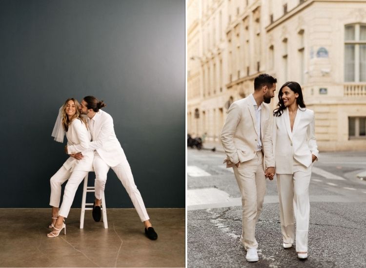duas fotos de ensaio pré-wedding com noivo e noiva de terno branco ensaio pré-wedding de terno branco