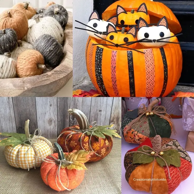Foto com abóboras decoradas para o Halloween.