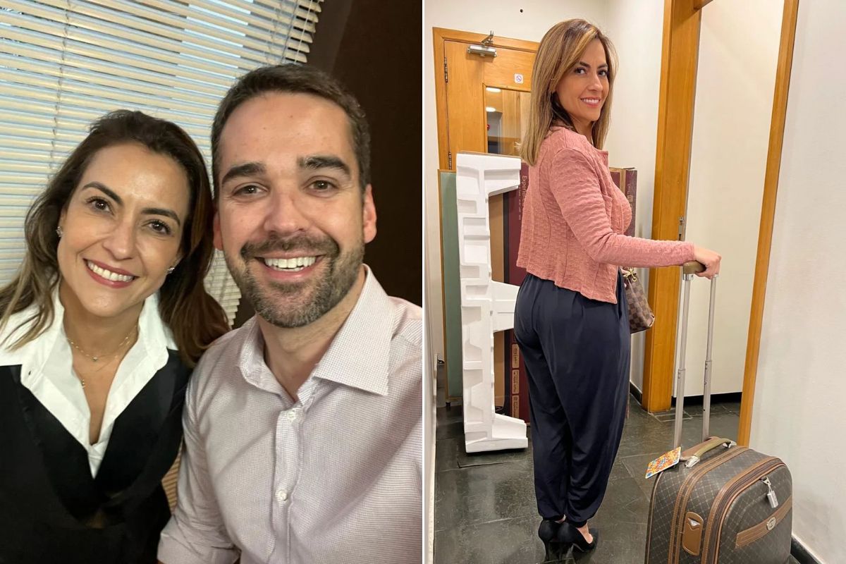 Montagem de duas imagens onde, na primeira, Soraya Thronicke está posando ao lado de aliado e, na segunda, está com uma mala na mão pronta para viajar