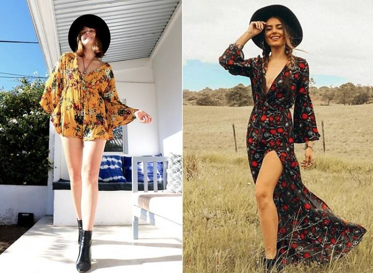 Montagem com duas ideias de looks para festival: macacão amarelo com chapéu preto e vestido preto com vermelho e chapéu