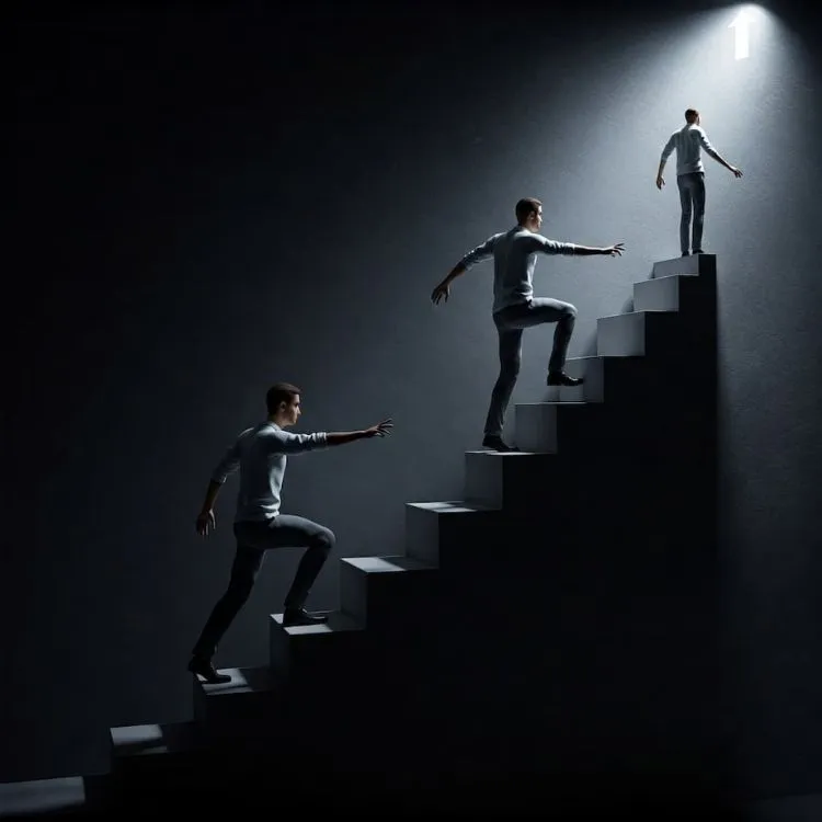 Homem representado em três posições diferentes sobe escada escura em direção à luz no topo. Cada passo simboliza esforço, progresso e superação. A iluminação direcionada destaca o objetivo final, evocando uma jornada pessoal rumo ao crescimento e realização.
