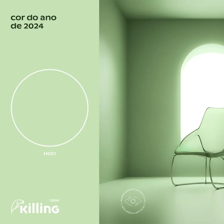 H051 em um cômodo iluminado e com uma cadeira transparente verde. 