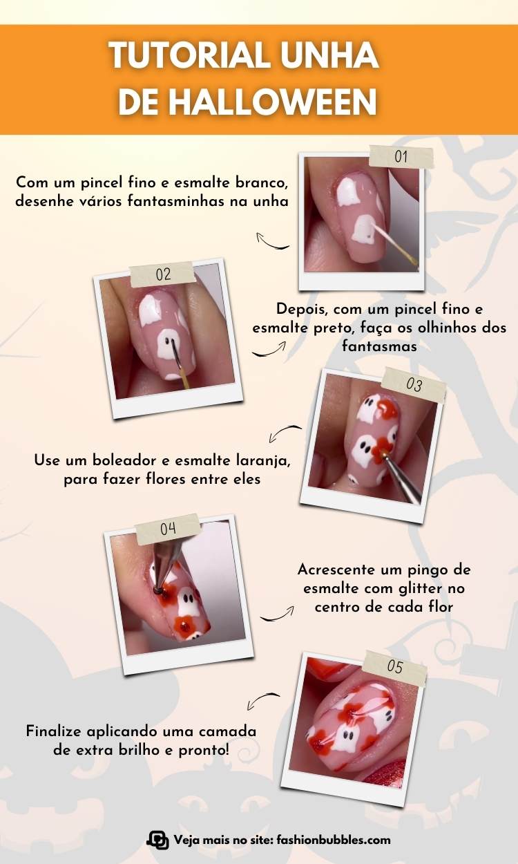 Montagem de 5 passos ensinando a fazer unha decorada com fantasminhas fotos e flores para o Halloween