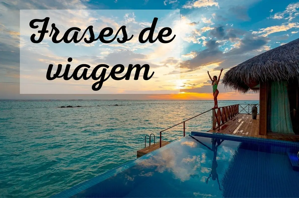 Foto de pôr-do-sol nas Maldivas com texto “Frases de viagem” escrito