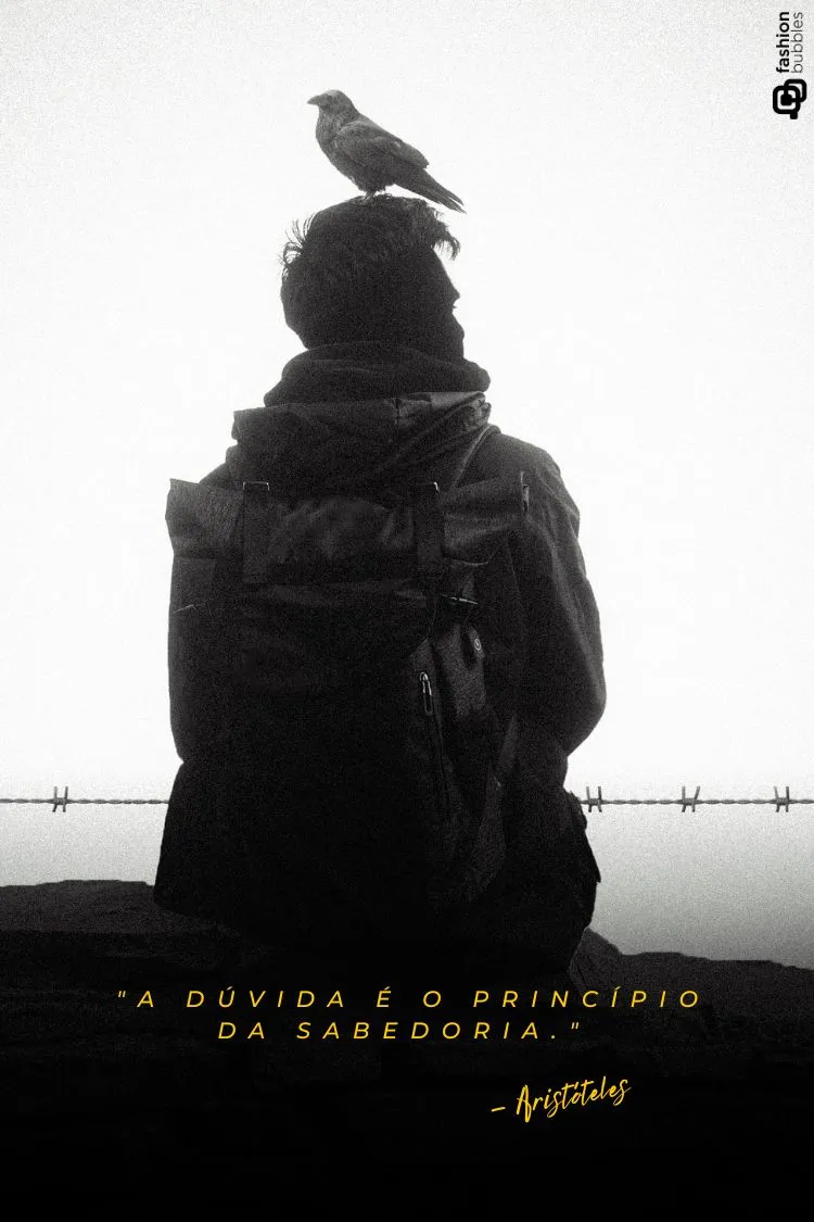 A imagem escura e dramática mostra a silhueta de uma pessoa com uma mochila, vista por trás, e um pássaro pousado em sua cabeça, em um ambiente nebuloso com arame farpado. A frase "A dúvida é o princípio da sabedoria. - Aristóteles" está sobreposta.



