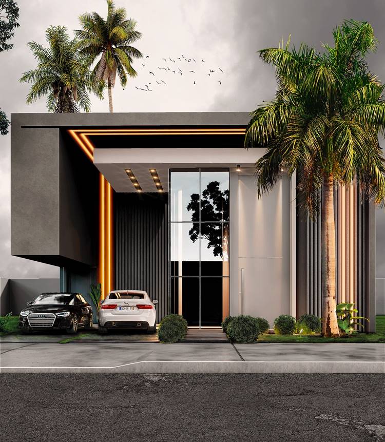 A imagem mostra uma casa moderna, com linhas retas e limpas, e possui iluminação embutida no exterior. A casa tem uma garagem com dois carros, uma porta de vidro que reflete a vegetação e palmeiras em ambos os lados. O céu está nublado, com pássaros voando ao longe, criando uma atmosfera serena