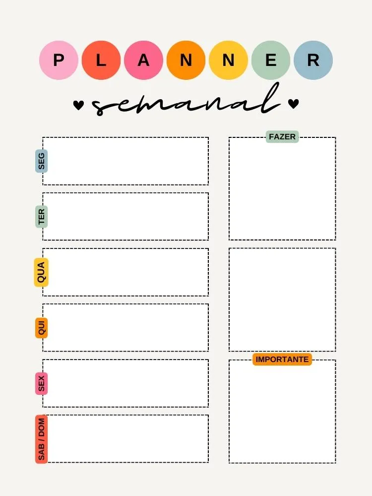 Planner semanal colorido com dias da semana, tarefas e importante. 