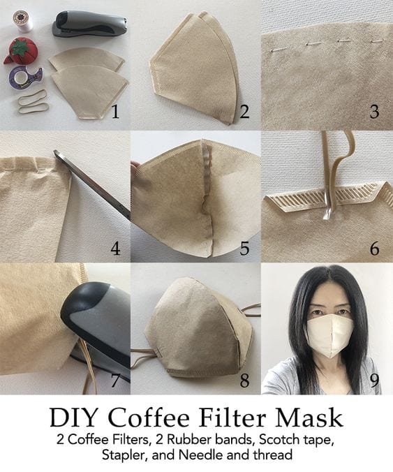 Ilustração detalhada com passo a passo de máscara feito com filtro de café descartavel