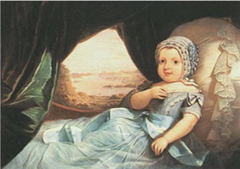 Pintura de Claude Joseph Barandier de Dom Afonso, Príncipe Imperial do Brasil, com um vestido azul e gorro Pintura de Claude Joseph Barandier de Dom Afonso, Príncipe Imperial do Brasil, de 1845-1847.