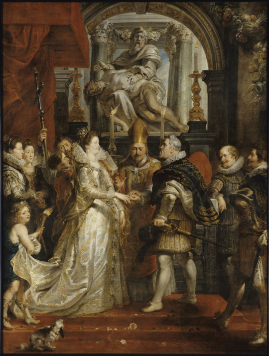 O casamento por procuração de Maria de Médici e Henrique VI, com um vestido de noiva branco. 
