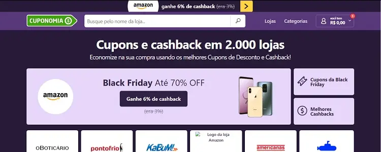 página inicial do site de cupons de desconto Cuponomia