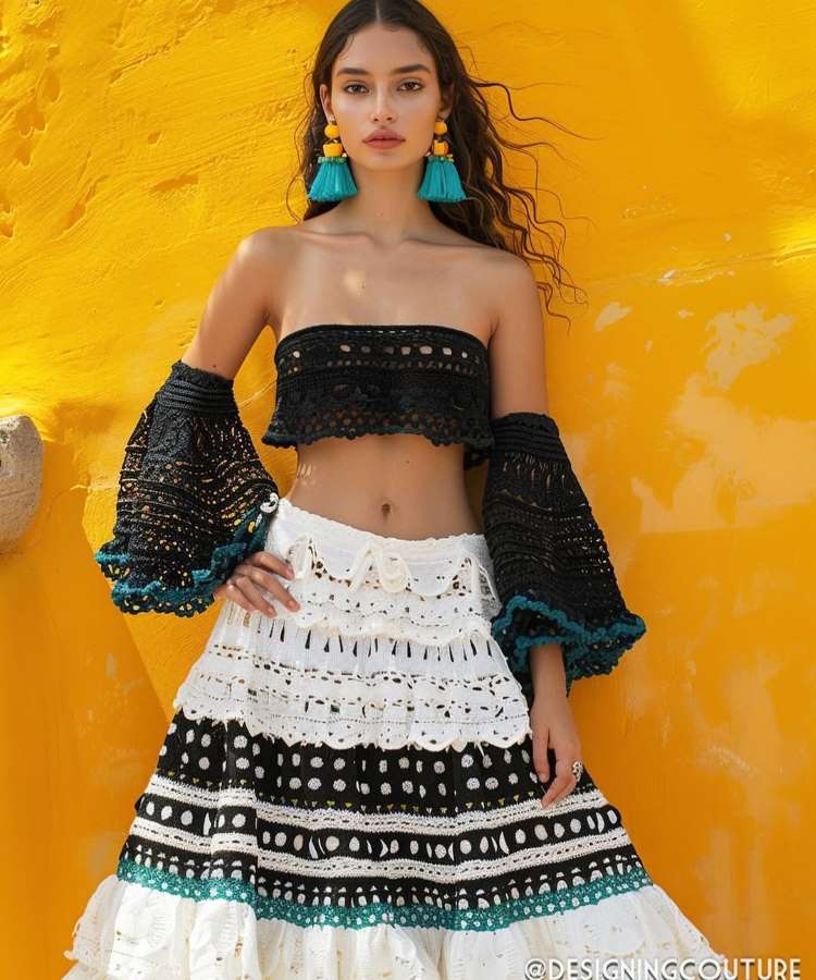 Uma modelo posa com um top cropped de crochê preto sem alças e mangas de sino separadas. A saia de crochê branca é em camadas com detalhes pretos e azuis-petróleo. A modelo usa brincos de tassel azul-petróleo e amarelo, em frente a uma parede amarela. Fontes