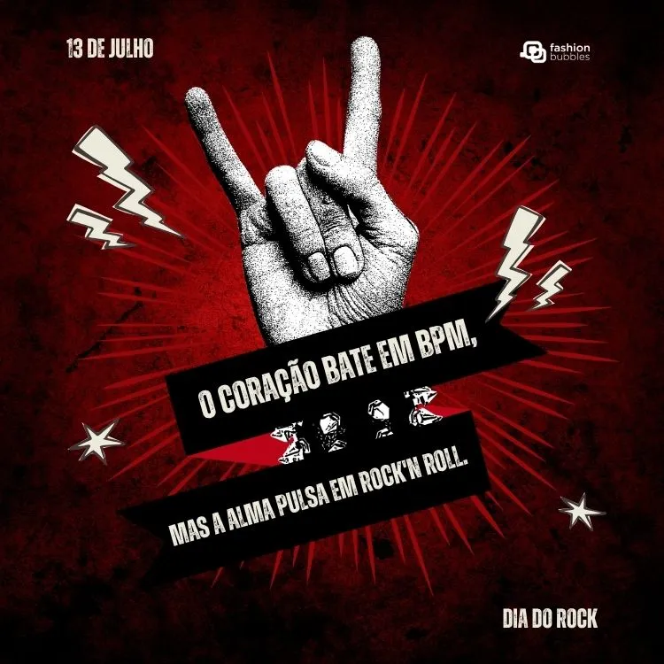 Fundo vermelho, mão chifrada, desenho de raios e frase:  O coração bate em BPM, mas a alma pulsa em rock'n roll.