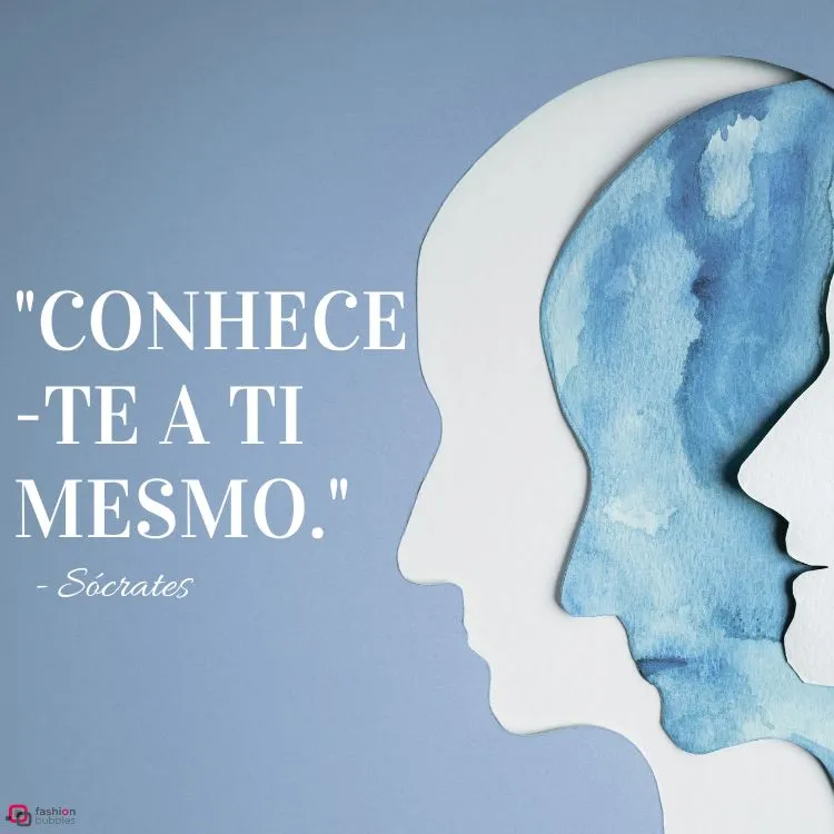 Cartão virtual de fundo cinza com desenhos de rostos de perfil e frase "Conhece-te a ti mesmo." - Sócrates