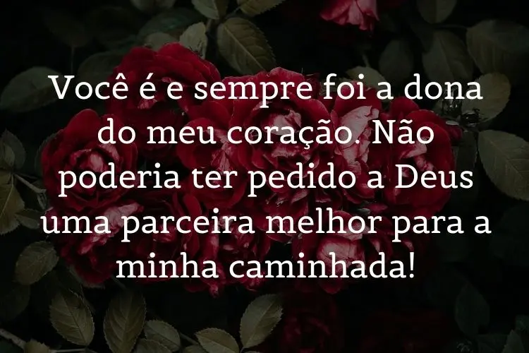 Foto de flores rosas e frase "Você é e sempre foi o (a) dono (a) do meu coração. Não poderia ter pedido a Deus um (a) companheiro (a) melhor para a minha caminhada!"