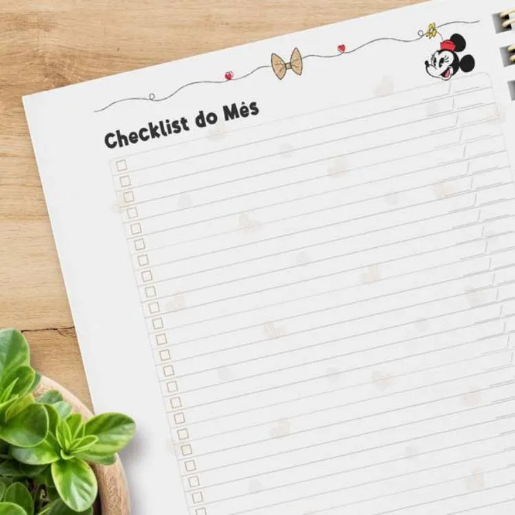 Planner encadernado da Minnie aberto em checklist do mês. 